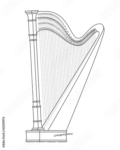 Easy coloring cartoon vector illustration of a harp isolated on white background