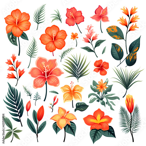 tropical flowers and leaves. clipart, decor element