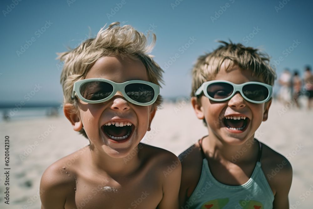 Two cheerful little kids having fun at the beach. Generative AI Two cheerful little kids having fun at the beach. Generative AI