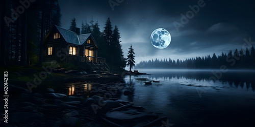 Dark and gloomy cabin on a lake with a moonlight landscape, Generative AI.