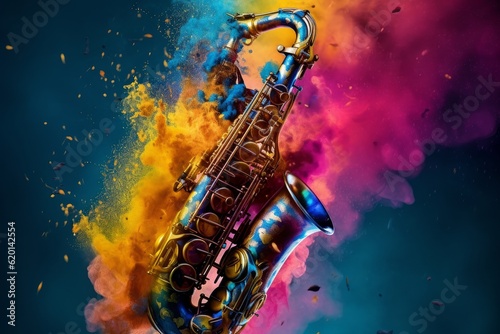 Illustration of a vibrant saxophone covered in colorful powder, created using generative AI