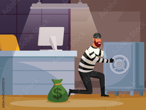 Illustration of a criminal stealing money in safe