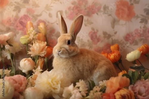 Illustration of a stuffed rabbit surrounded by a vibrant bed of flowers created using generative AI