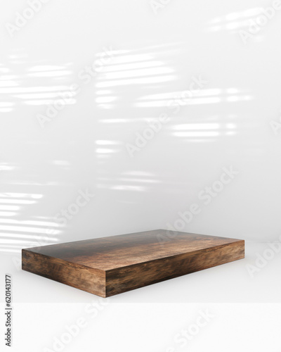 minimal scene with geometric forms. marble podium on wood podium with sun light on white background. Scene to show cosmetic product, Showcase, shopfront, display case