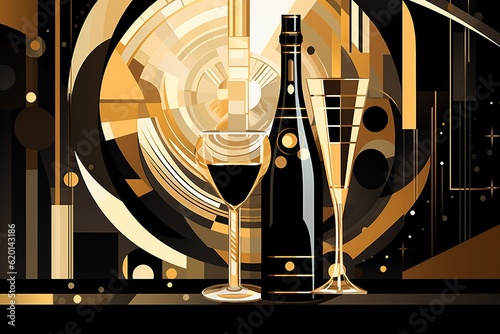 Deco Celebration: Art Deco-Style Illustration of Champagne Bottle and Flute