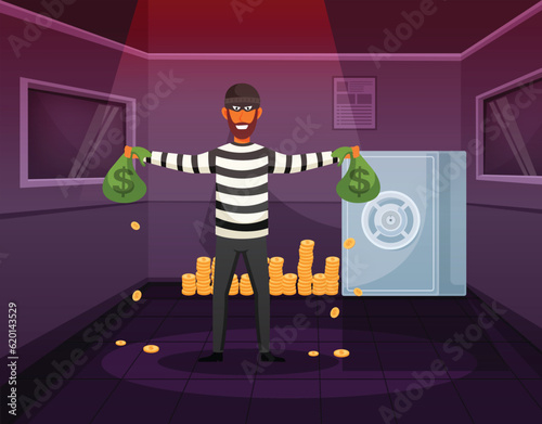 Vector man criminal stealing money in bank