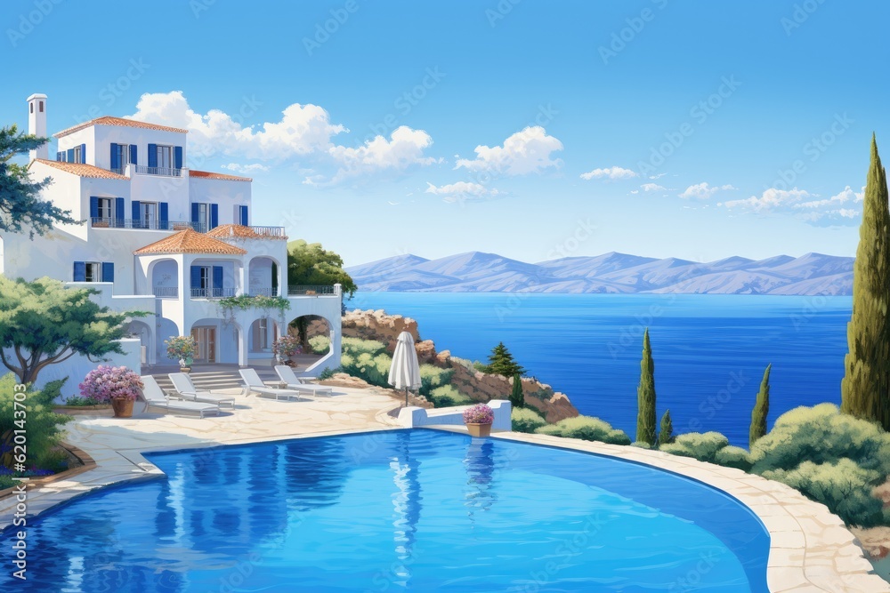 Mediterranean greek white house with pool - AI Generated