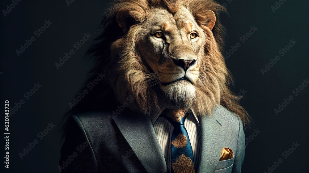 Cool Lion in suit and tie, generative AI.