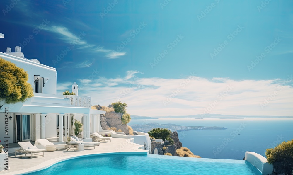Fototapeta premium Mediterranean greek white house with pool - AI Generated