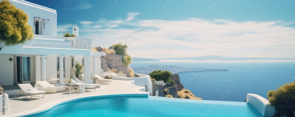 Fototapeta premium Mediterranean greek white house with pool - AI Generated