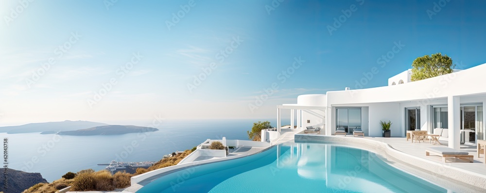 Fototapeta premium Mediterranean greek white house with pool - AI Generated