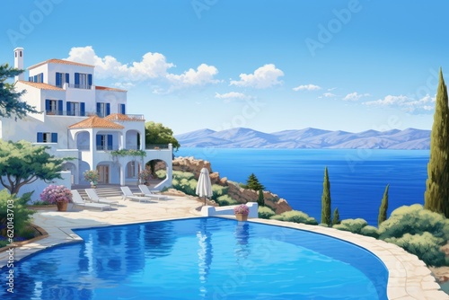 Mediterranean greek white house with pool - AI Generated
