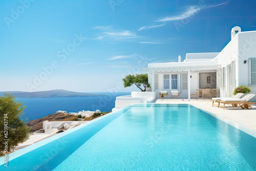 Mediterranean greek white house with pool - AI Generated
