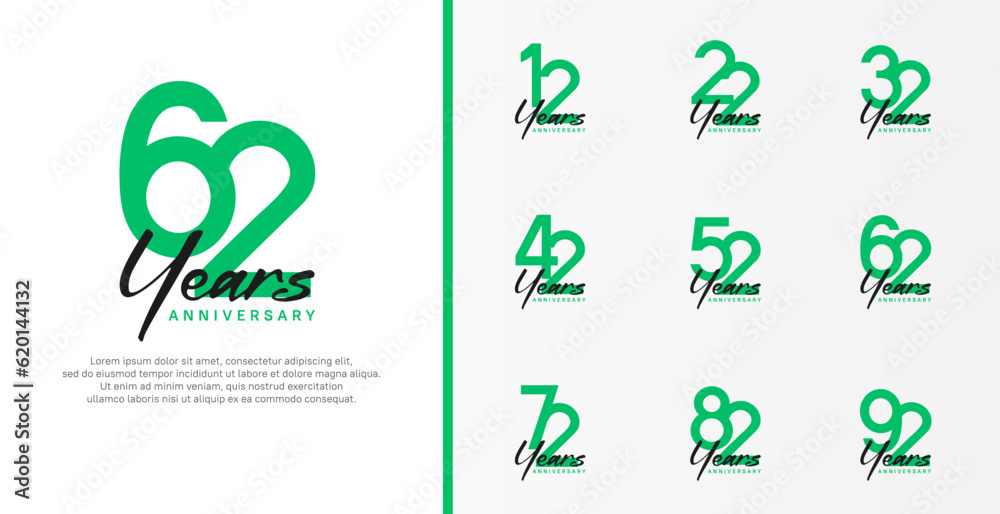 set of anniversary logo flat green color number and black text on white background for celebration set of anniversary logo flat green color number and black text on white background for celebration