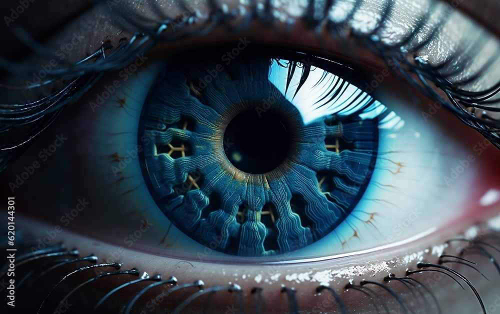 A close up of an eye with a blue iris. AI