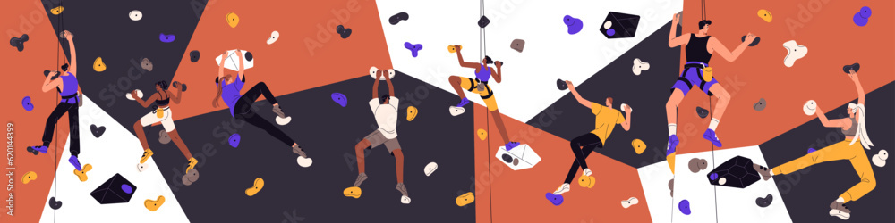 Climbing bouldering wall panorama. Men and women climbers hanging on ropes in indoor rock, artificial mountain park, gym. People during sport activity, gripping stones. Flat vector illustration - obrazy, fototapety, plakaty 