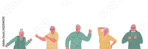 Senior people dance. Cheerful elderly people. Old men and old women have fun and dance. Positive active people. Vector illustration