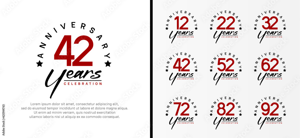 set of anniversary logo flat red color number and black text on white background for celebration