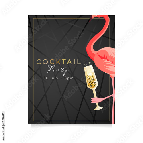 Cocktail Party invitation. Flyer or poster design with champagne glass and a flamingo on black background.