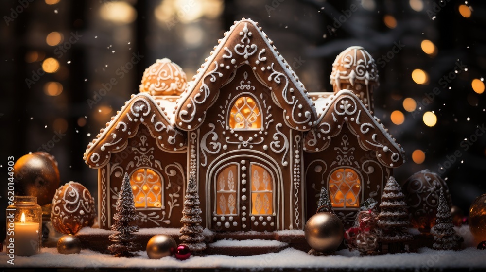Fototapeta premium Merry christmas. Christmas gingerbread house. Generative AI
