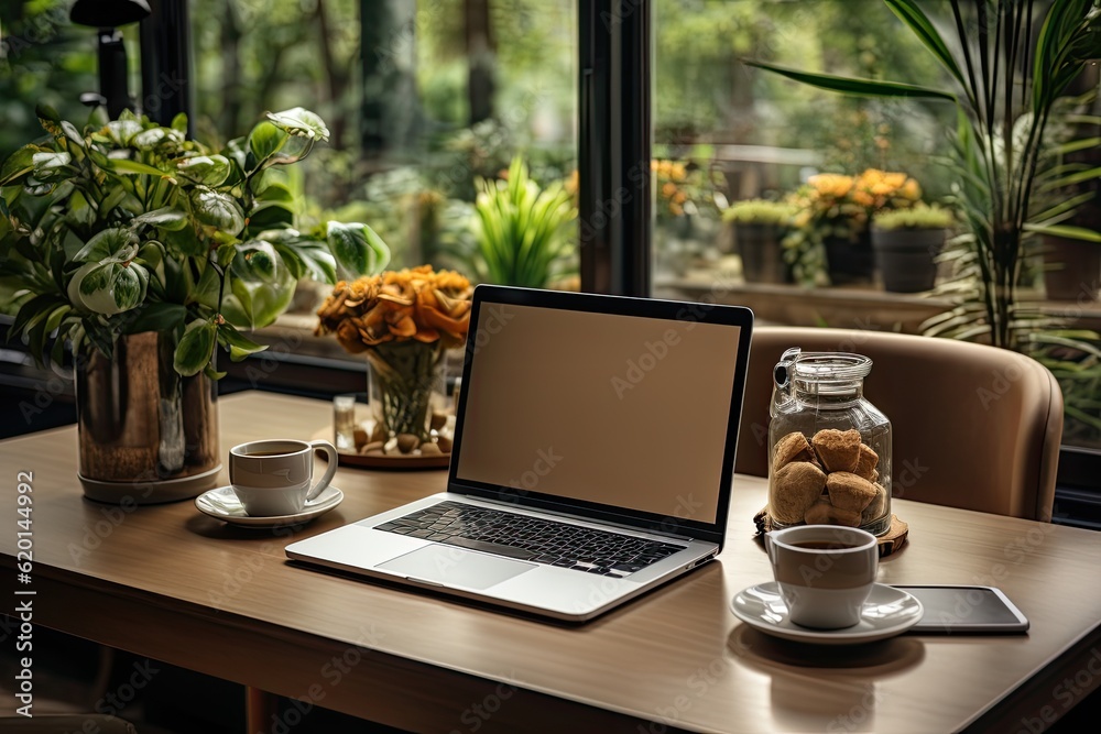 Mockup laptop computer, coffee with jar of cookies on table.