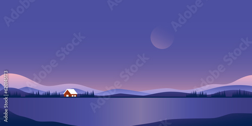 Nature landscape. Abstract mountain lake tiny house moon, scenic nordic panorama, modern scandinavian background. Vector illustration