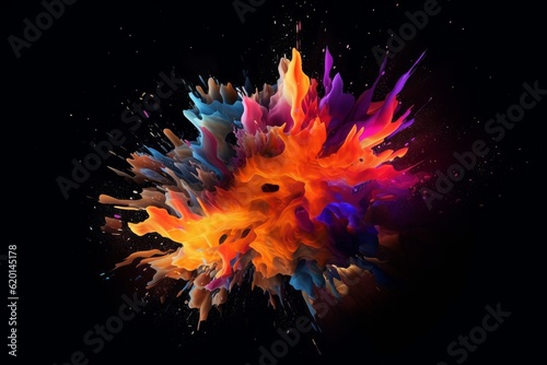 Illustration of a vibrant and dynamic explosion of colorful liquid on a dark background created with generative AI