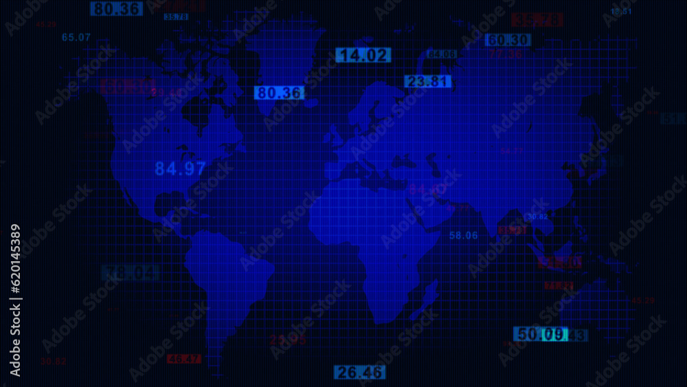 3d rendering of world map and stock market data on blue background 3d rendering of world map and stock market data on blue background