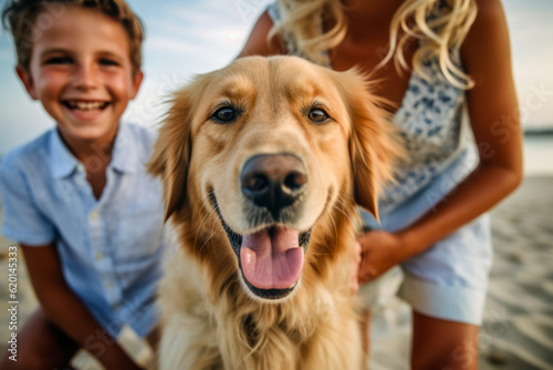 A happy family on the beach with their golden retriever dog creating joyful memories by the seaside.