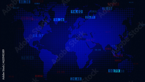 3d rendering of world map and stock market data on blue background