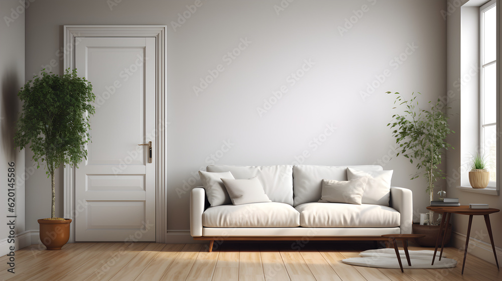 Fototapeta premium simple minimalism living room, wooden floor, door, white and gray interior Generative AI