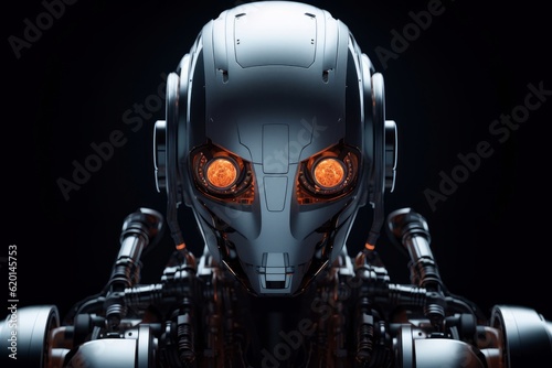 Illustration of a futuristic robot with glowing eyes against a sleek black background created using generative AI