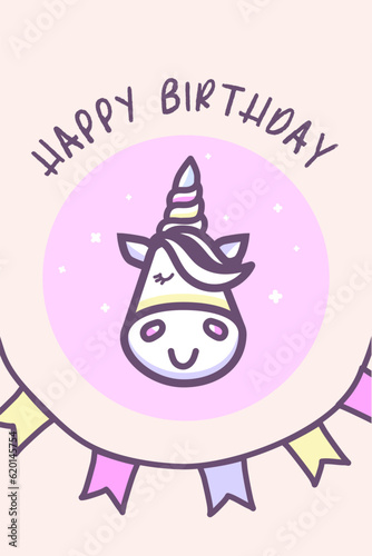 Funny happy birthday postcard with unicorn and party flags on a rope. Happy birthday congratulation. Cute unicorn mascot character.