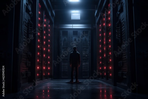 Illustration of a man standing in a dark server room filled with blinking lights and computer equipment created using generative AI