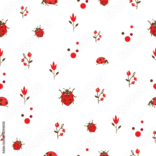 Seamless pattern of ladybug with red flowers.