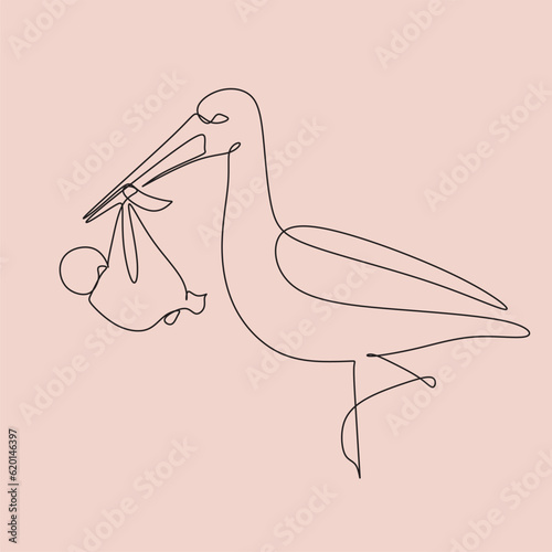 Vector line art illustration of strork with a new born baby for minimalist postcard or baby shower card. Stork delivering baby. Continuous line art drawing.