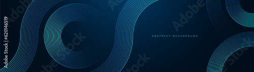 Dark blue abstract background with glowing blue circle lines. Geometric stripe line art design. Modern shiny blue lines. Futuristic technology concept. Horizontal banner template. Vector illustration