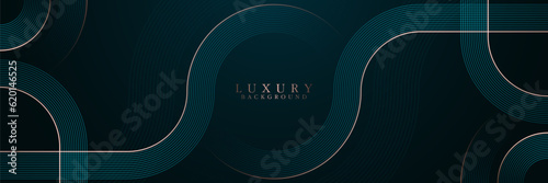 Abstract luxury glowing circle lines on dark background. Geometric stripe line art design. Elegant shiny gold lines elements. Modern horizontal banner template. Vector illustration