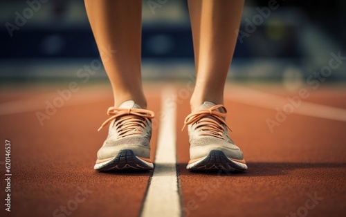 A close up of a person's feet on a running track. AI