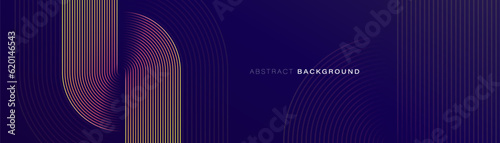 Dark purple abstract background with glowing circle lines. Geometric stripe line art design. Modern shiny yellow orange gradient lines. Futuristic concept. Vector illustration