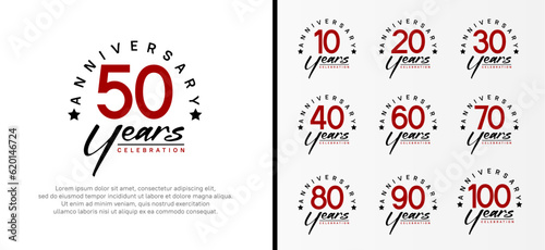 set of anniversary logo flat red color number and black text on white background for celebration