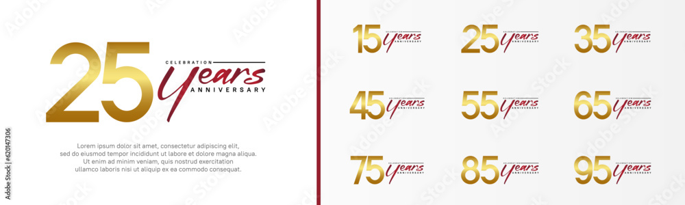 set of anniversary logo golden color number and red text on white background for celebration set of anniversary logo golden color number and red text on white background for celebration