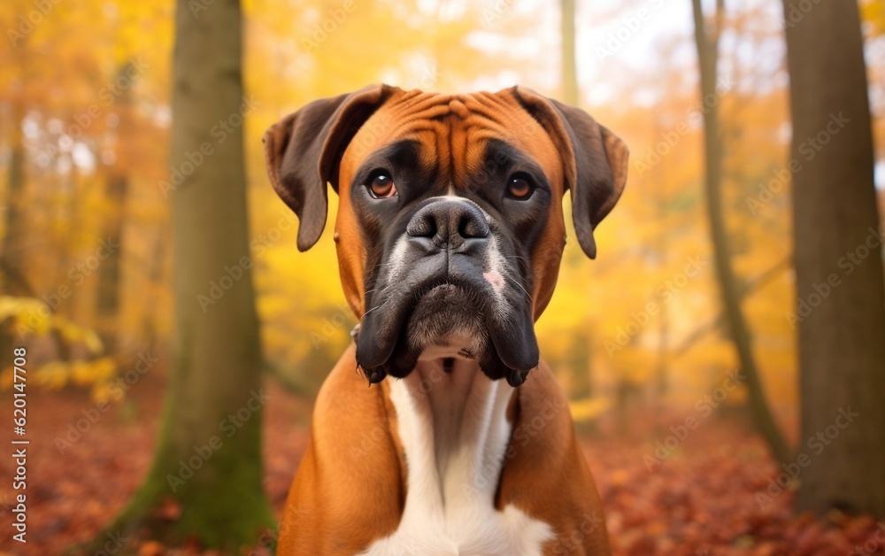 A large brown and white dog standing in a forest. AI