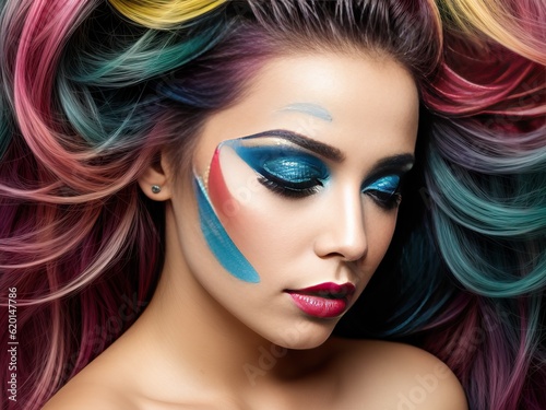 Beautiful woman with multi-colored hair and creative make up and hairstyle. Beauty face. Generative AI