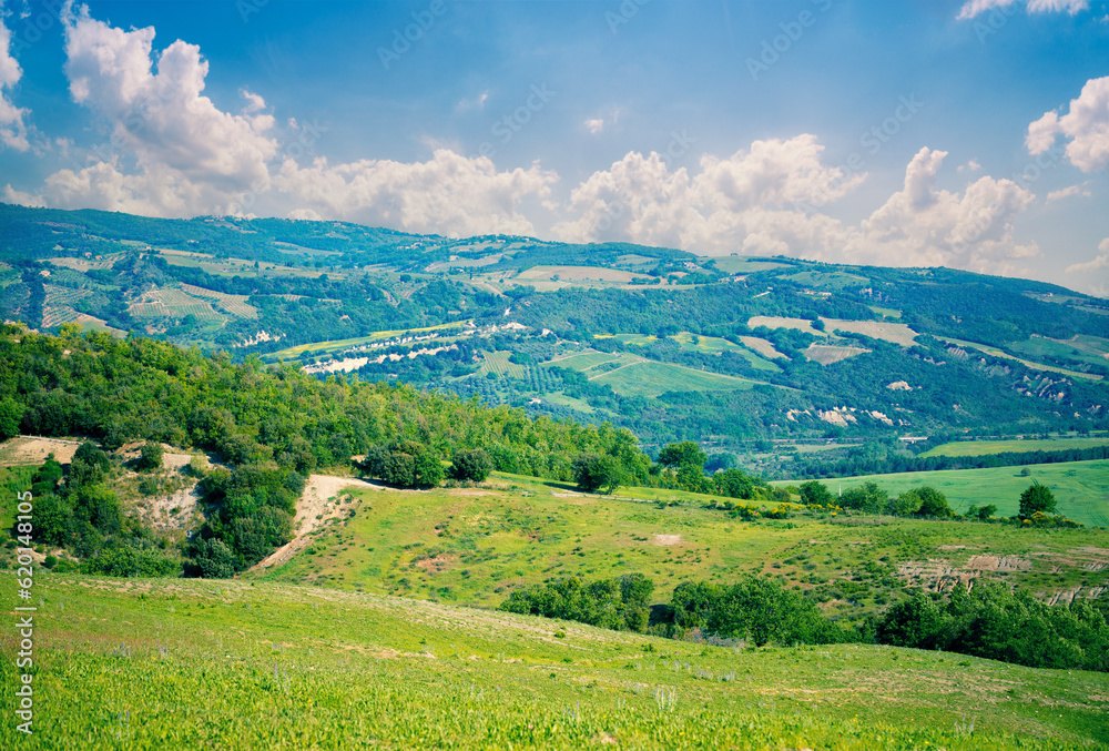 Beautiful landscape, spring nature, sunny fields on hills in Tuscany, Italy
