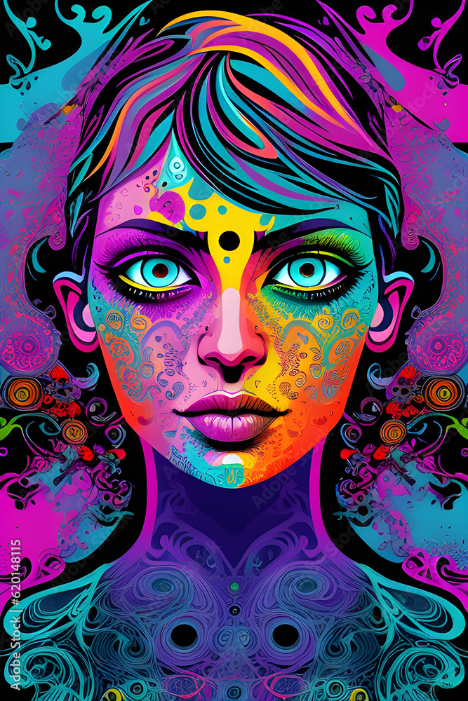 Psychedelic image of a woman.  (AI-generated fictional illustration)
