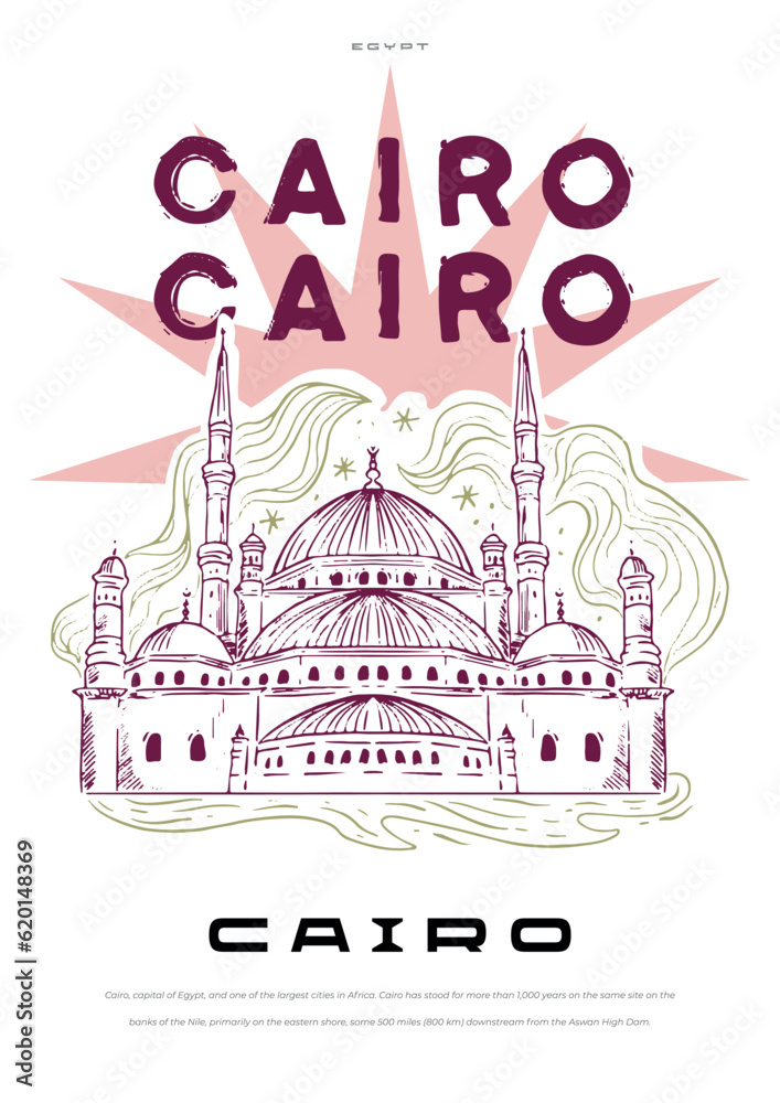 Fototapeta premium Big city, capital city Decorative vintage poster. Travel Poster Poster cityscape landmarks, sea, sunset sky. Vector illustration