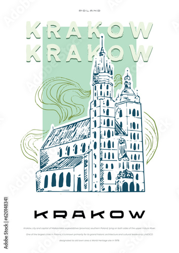 Big city, capital city Decorative vintage poster. Travel Poster Poster cityscape landmarks, sea, sunset sky. Vector illustration