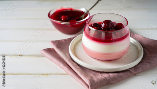 Italian panna cotta dessert with cherry coulis on a white wooden table photo