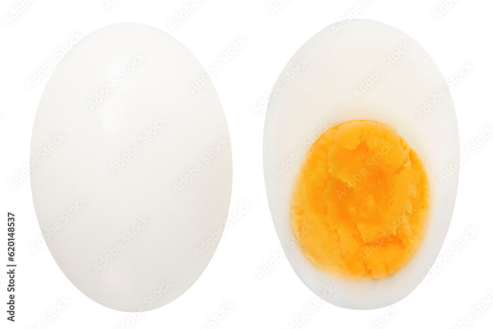Whole and cut eggs on an isolated white background.